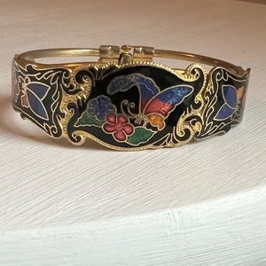 Vintage 80s Floral Butterfly Cloisonne Clamper Bracelet Bangle.